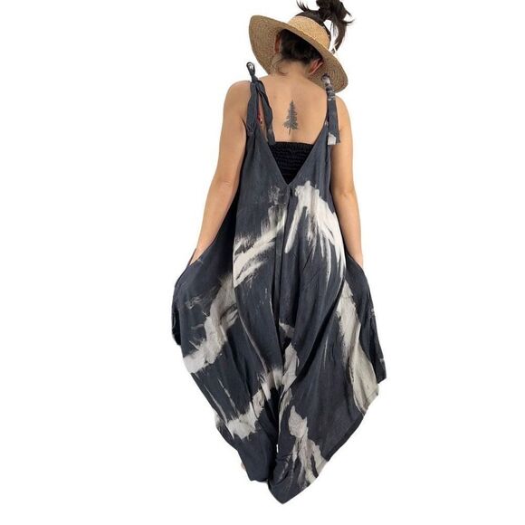 Pōʻalima Charcoal Gray Ivory Tropical Boho Wide Leg Beach Romper - Picture 4 of 16